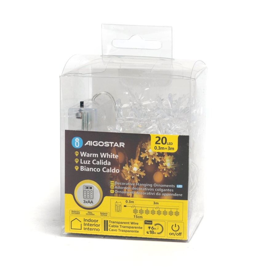 Aigostar - LED łańcuch świąteczny 20xLED/3xAA 3,3m płatki śniegu