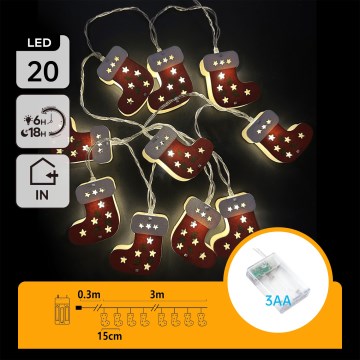 Aigostar - LED łańcuch świąteczny 20xLED/3xAA, 3 m, ciepła biała, skarpety