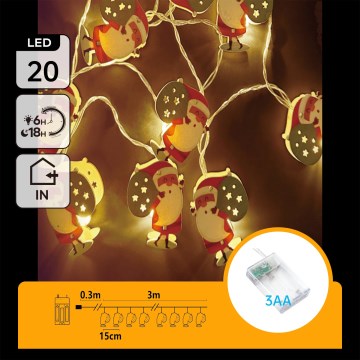 Aigostar - LED łańcuch świąteczny 20xLED/3xAA 3m o ciepłej białej barwie Santa Claus