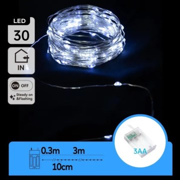 Aigostar - LED łańcuch świąteczny 30xLED/3xAA 3,3 m zimne białe światło