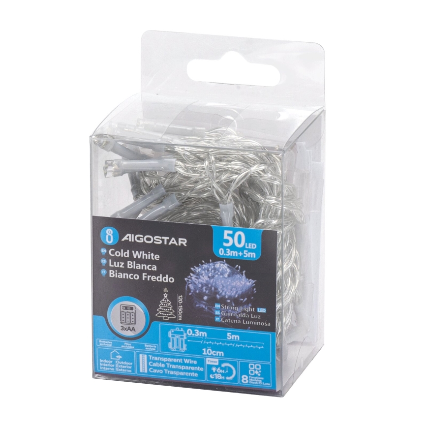 Aigostar - LED Zewnętrzny łańcuch świąteczny 50xLED/8 funkcji 3xAA 5,3m IP44 zimna biel