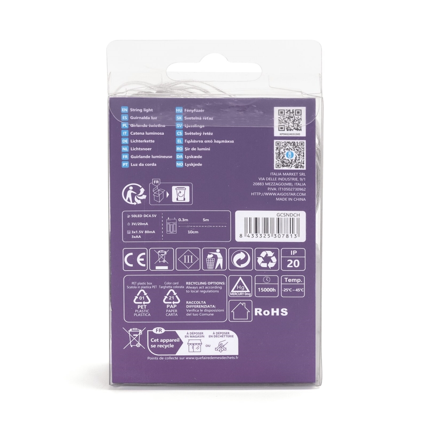 Aigostar - Łańcuch świetlny LED na Boże Narodzenie 50xLED/3xAA 5,3m ciepła biel