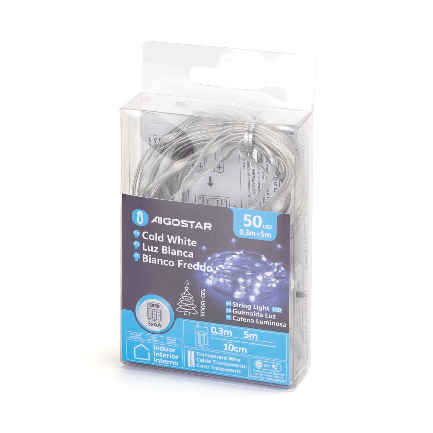 Aigostar - LED łańcuch świąteczny 50xLED/3xAA 5,3m zimne białe światło