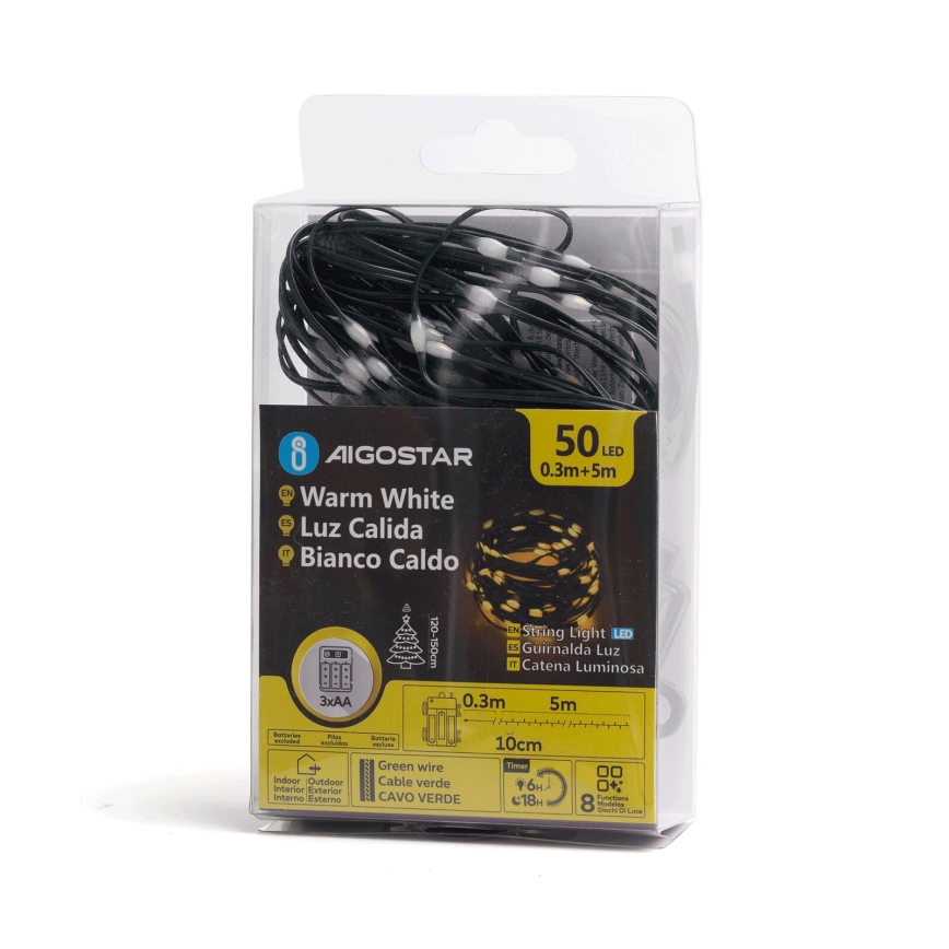 Aigostar - Zewnętrzny łańcuch świąteczny LED 50xLED/8 funkcji 3xAA 5,3m IP44 ciepła biel
