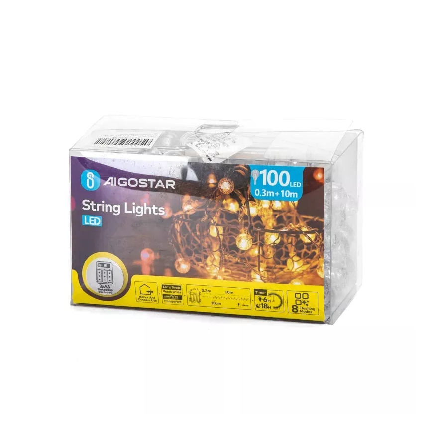 Aigostar - Zewnętrzny łańcuch LED 100xLED/3xAA/8 funkcji 10,3 m IP44 ciepła biel