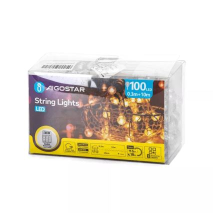 Aigostar - LED Zewnętrzny łańcuch bożonarodzeniowy 100xLED/3xAA/8 funkcji 10,3 m IP44 ciepła biel