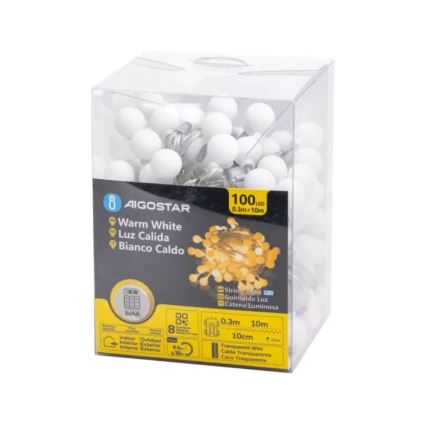 Aigostar - LED Zewnętrzny łańcuch bożonarodzeniowy 100xLED/3xAA/8 funkcji 10,3 m IP44 ciepła biel