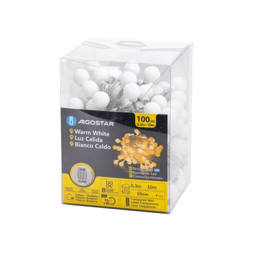 Aigostar - LED Zewnętrzny łańcuch bożonarodzeniowy 100xLED/3xAA/8 funkcji 10,3 m IP44 ciepła biel