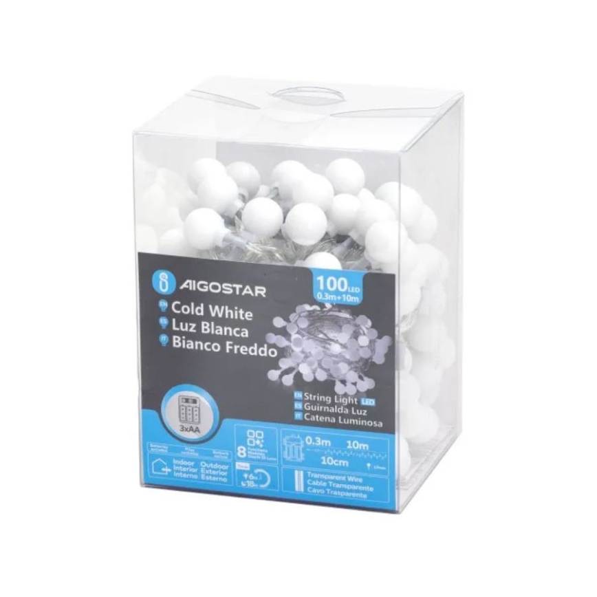 Aigostar - LED Zewnętrzny łańcuch bożonarodzeniowy 100xLED/3xAA/8 funkcji 10,3 m IP44 zimna biel
