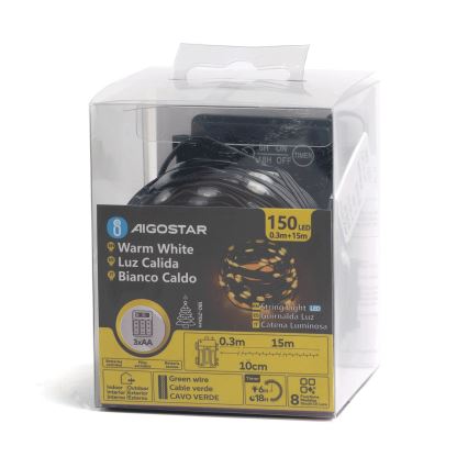Aigostar - LED łańcuch zewnętrzny 150 diod LED / 8 funkcji, zasilanie 3× AA, 15,3 m, IP44, ciepłe białe światło