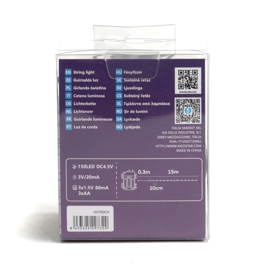 Aigostar - LED łańcuch zewnętrzny 150 diod LED / 8 funkcji, zasilanie 3× AA, 15,3 m, IP44, ciepłe białe światło