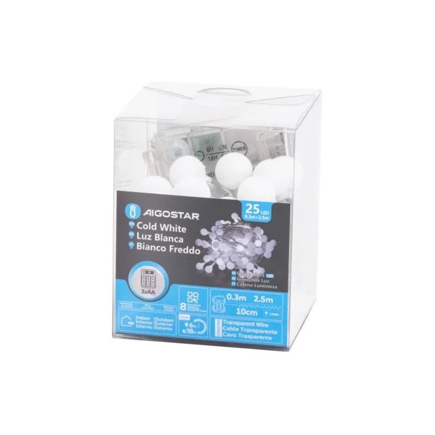 Aigostar - LED Zewnętrzny łańcuch bożonarodzeniowy 25xLED/3xAA/8 funkcji 2,8 m IP44 zimna biel