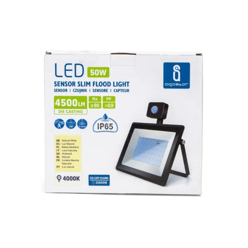 Aigostar - LED Naświetlacz z czujnikiem LED/50W/230V 4000K IP65 czarny