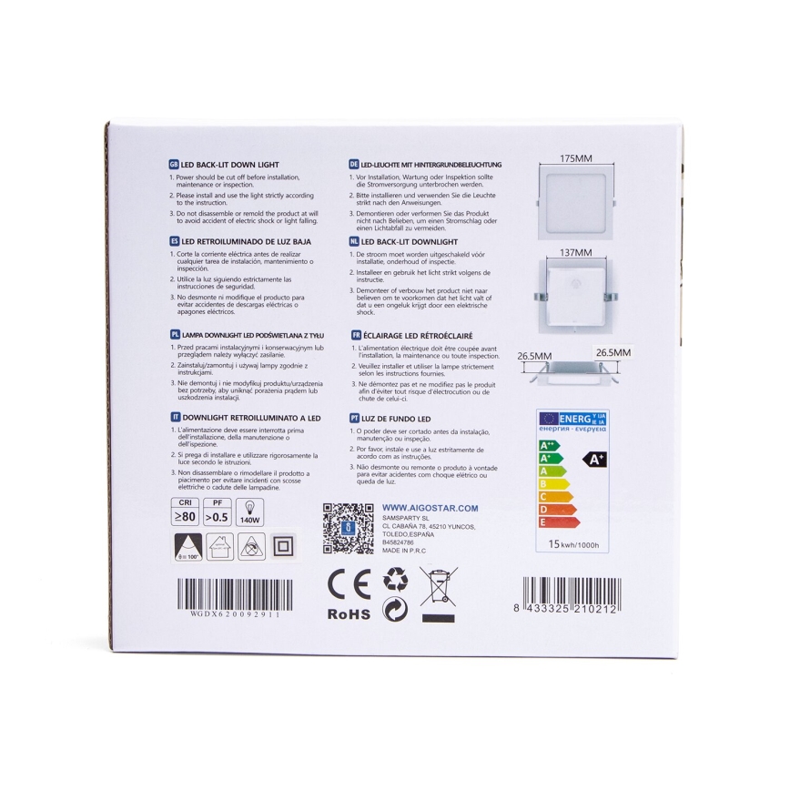 Aigostar - LED Oprawa wpuszczana LED/15W/230V 17,5x17,5 cm 3000K biały