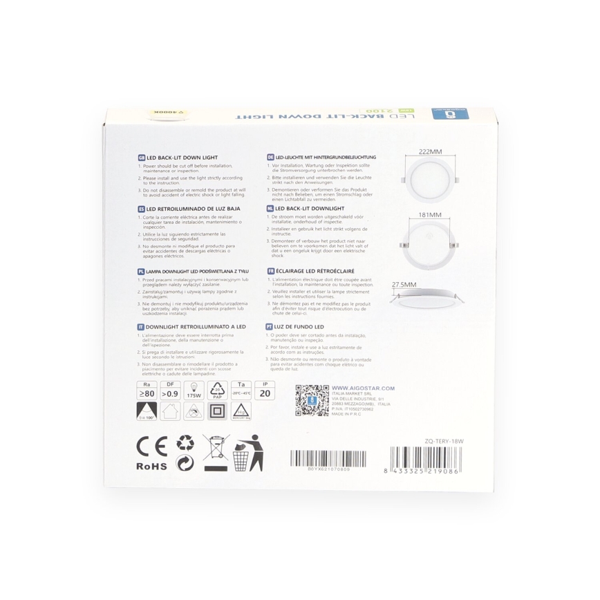 Aigostar - LED Oprawa wpuszczana LED/18W/230V 4000K śr. 22 cm biały