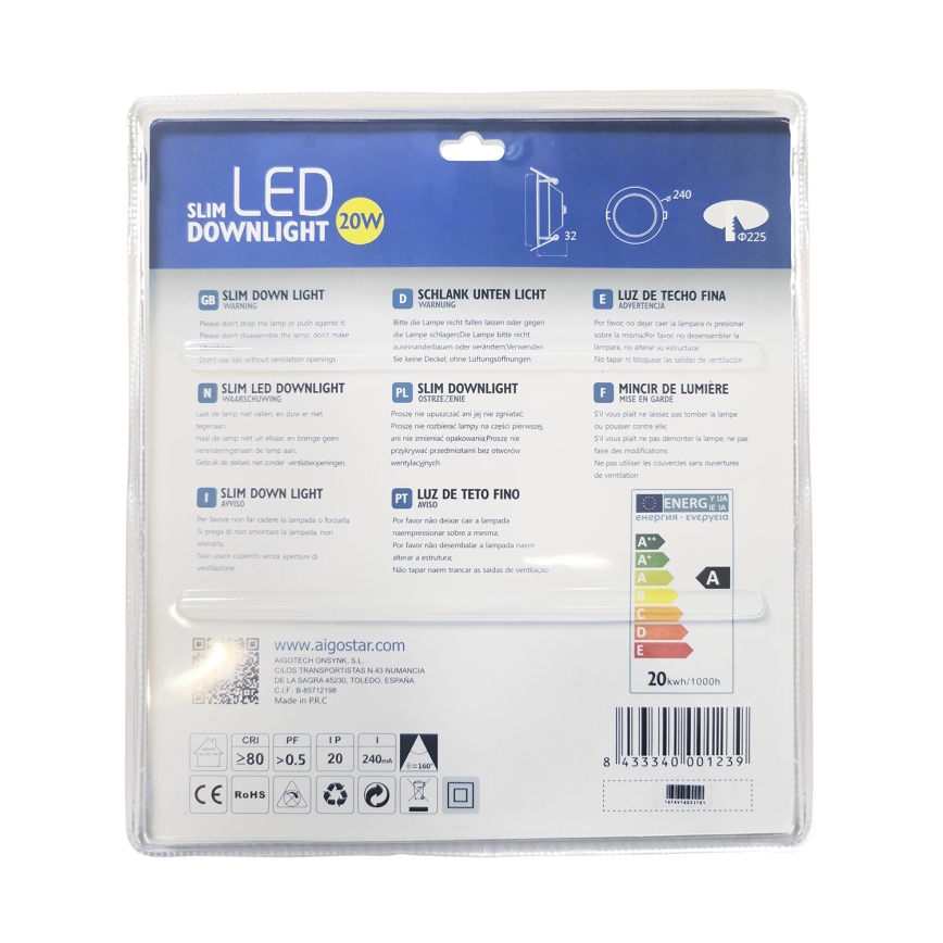 Aigostar - LED Oprawa wpuszczana ULTRATHIN LED/20W/230V 3000K matowy chrom
