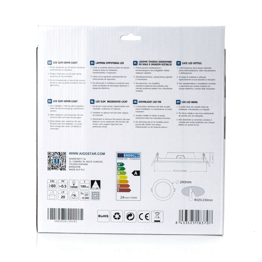 Aigostar - LED Oprawa wpuszczana ULTRATHIN LED/24W/230V 4000K biały