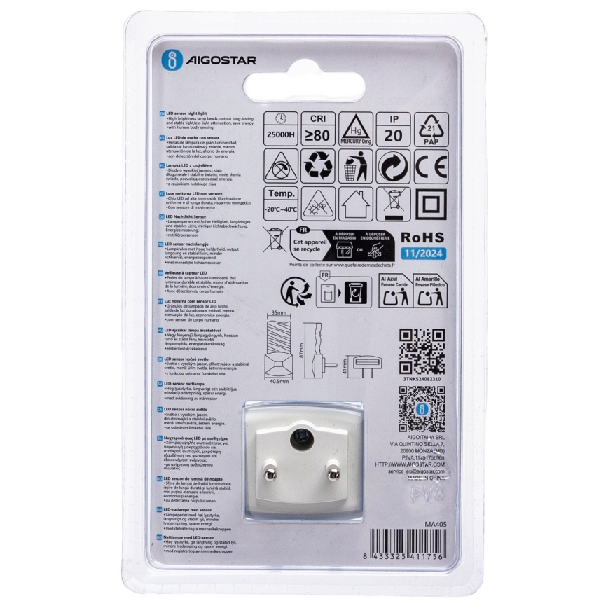Aigostar - LED Lampka nocna z czujnikiem zmierzchu LED/0,2W/230V 6500K
