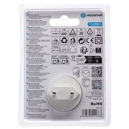 Aigostar - LED Lampka nocna z czujnikiem zmierzchu LED/0,5W/230V 3000K