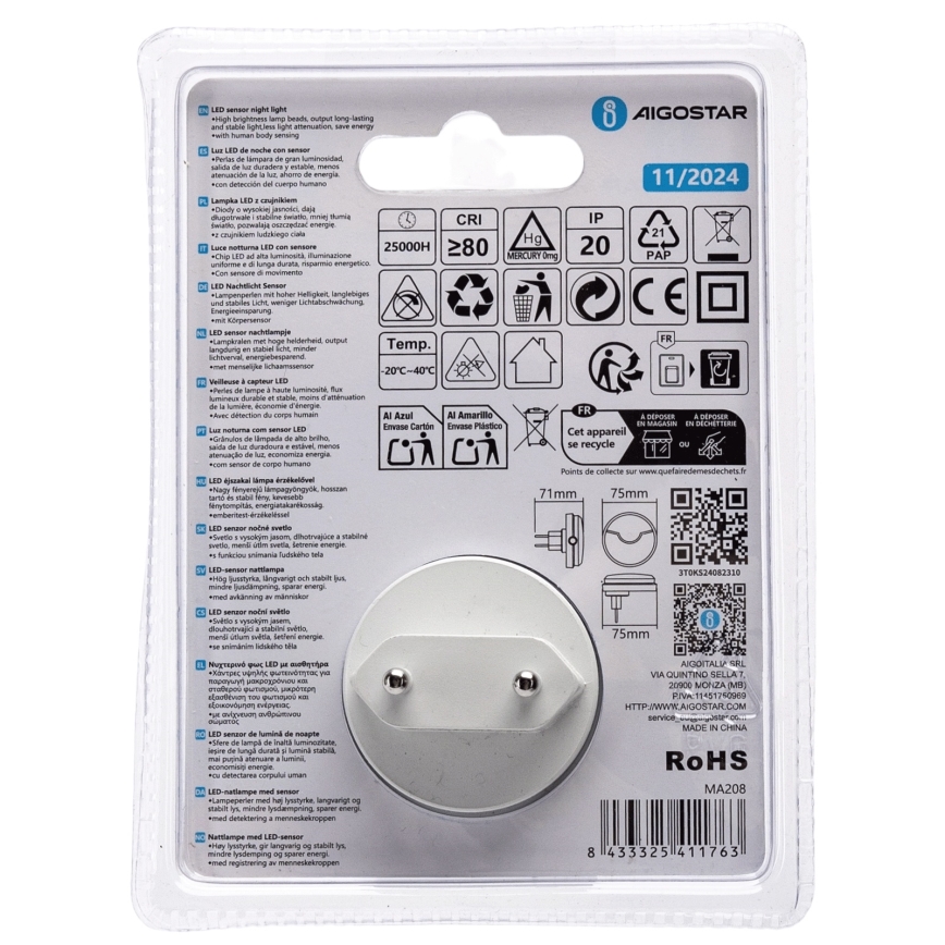Aigostar - LED Lampka nocna z czujnikiem zmierzchu LED/0,5W/230V 3000K