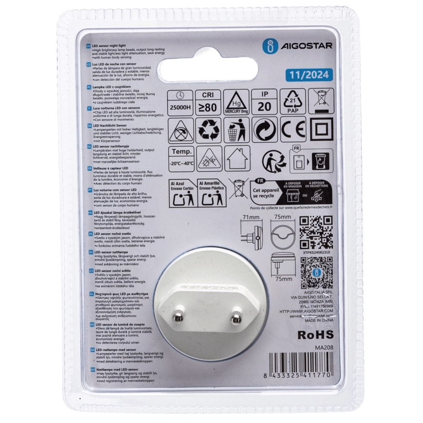 Aigostar - LED Lampka nocna z czujnikiem zmierzchu LED/0,5W/230V 6500K