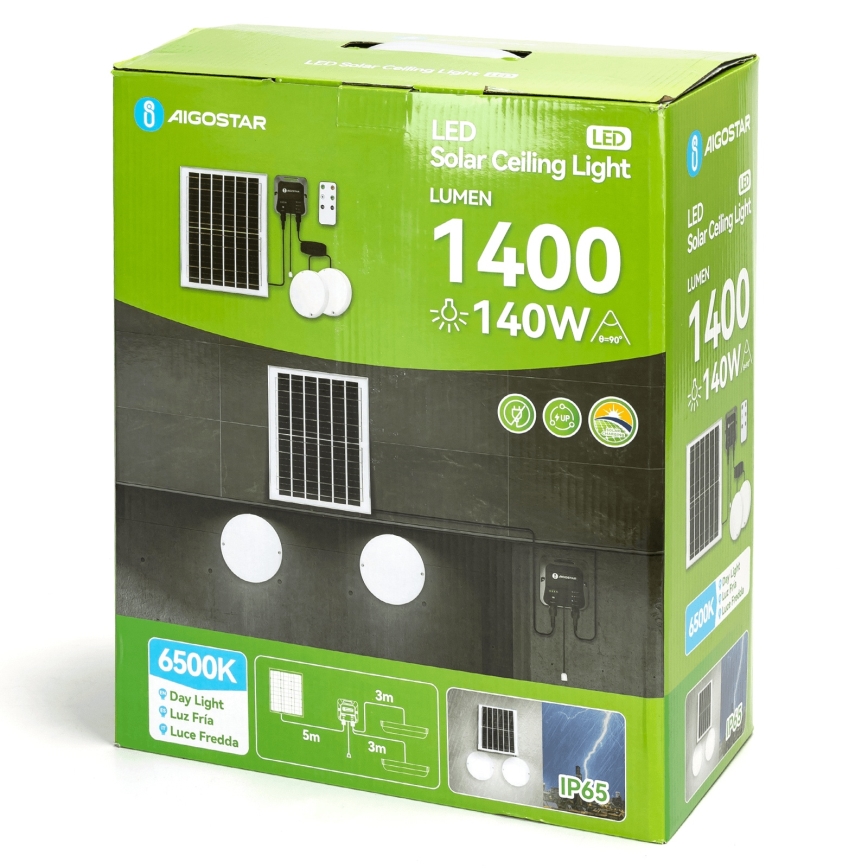 Aigostar - LED Oświetlenie solarne 2xLED/70W/12V 12000 mAh 6500K śr. 20,5 cm + pilot zdalnego sterowania