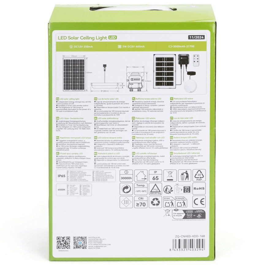 Aigostar - LED Oświetlenie solarne LED/35W/12V 3000 mAh 6500K śr. 16,8 cm + pilot zdalnego sterowania