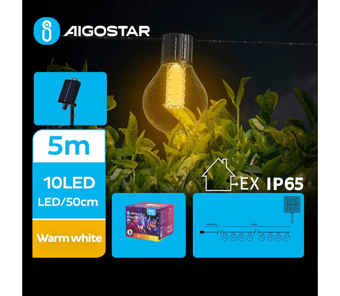 - LED Ozdobny łańcuch solarny 10xLED/8 funkcje 5,5m IP65 ciepła biel