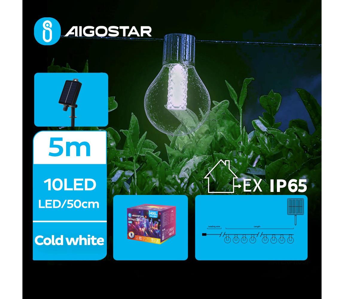 - LED Ozdobny łańcuch solarny 10xLED/8 funkcje 5,5m IP65 zimna biel