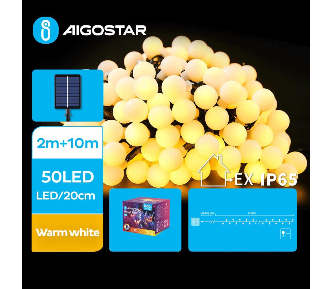 - LED Ozdobny łańcuch solarny 50xLED/8 funkcji 12m IP65 ciepła biel