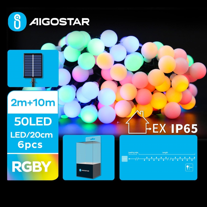 Aigostar - LED Ozdobny łańcuch solarny 50xLED/8 funkcji 12m IP65 wielobarwny