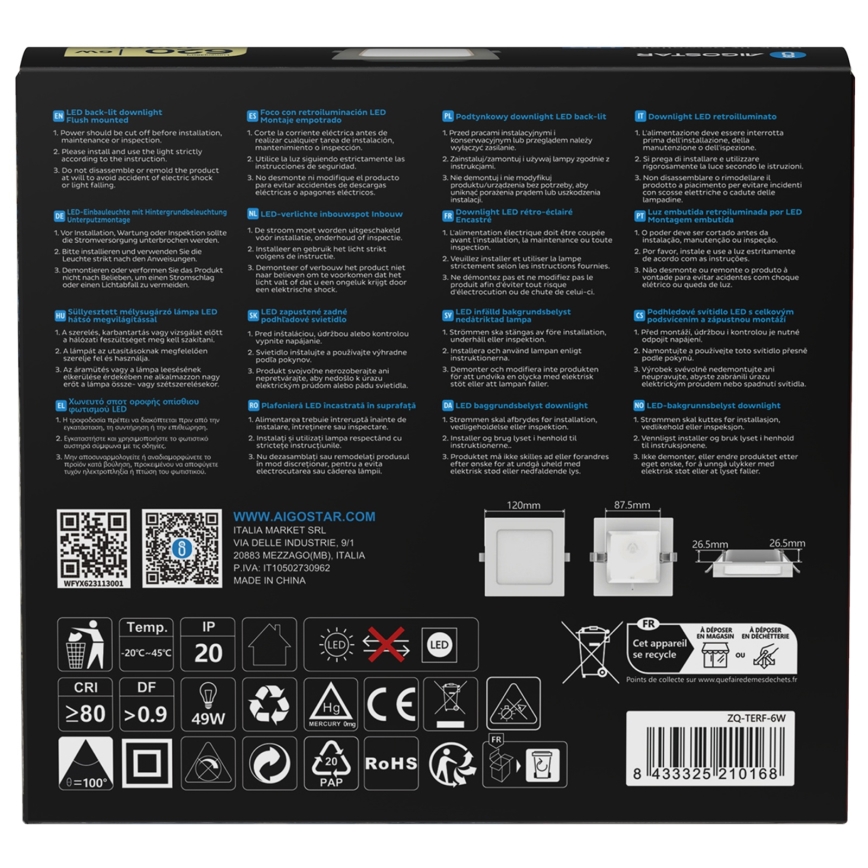 Aigostar - LED Panel sufitowy LED/6W/230V 4000K 12x12 cm biały