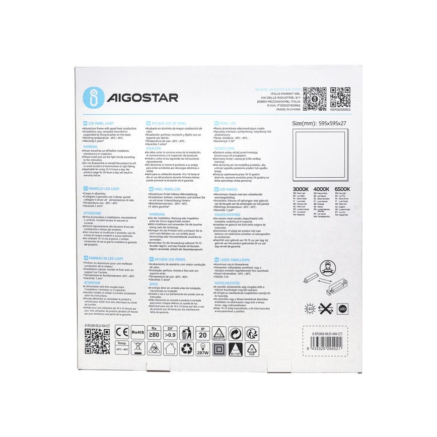 Aigostar - LED Panel wpuszczany LED/40W/230V 3000K/4000K/6500K 60x60cm biały