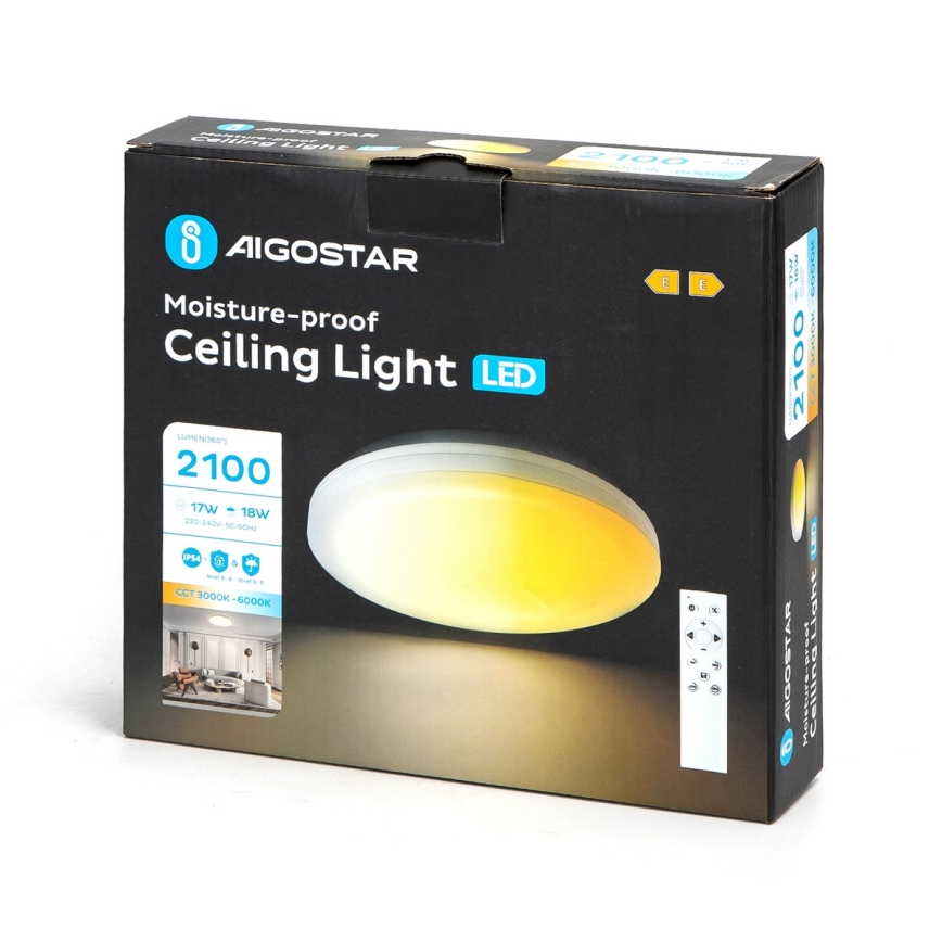 Aigostar - LED Ściemnialny plafon łazienkowy LED/18W/230V 3000-6000K IP54 + zdalne sterowanie