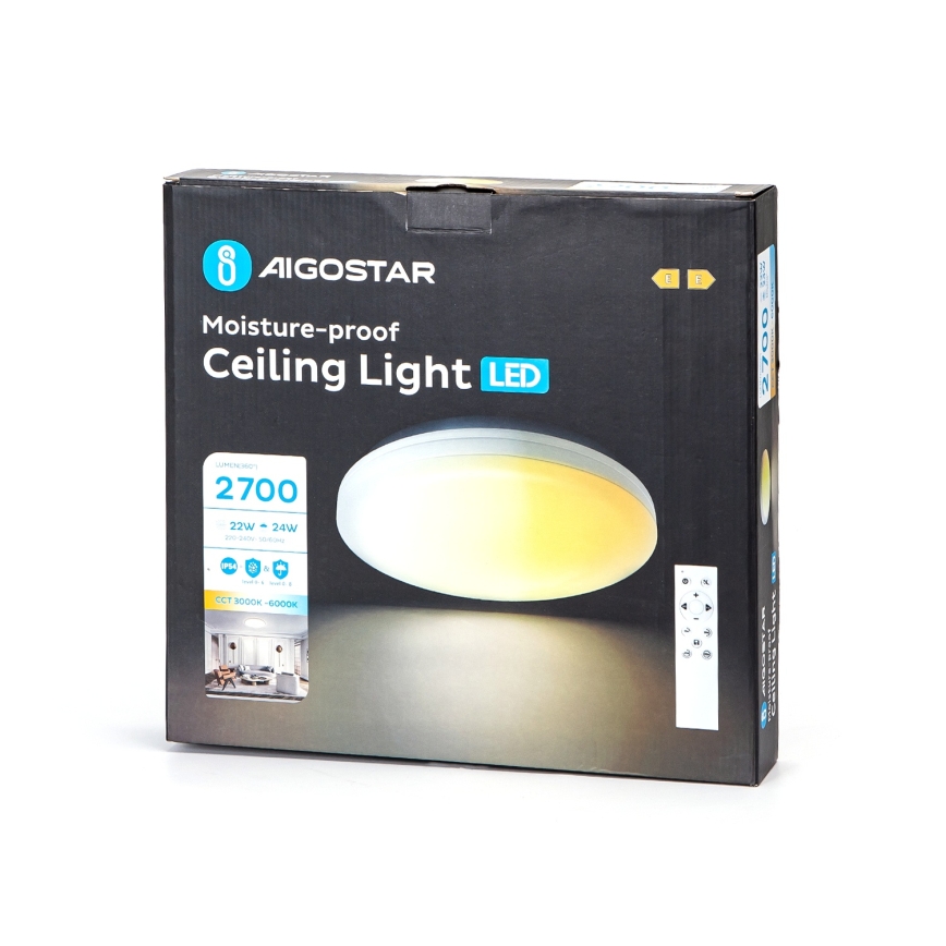 Aigostar - Ściemnialna lampa sufitowa do łazienki LED/24W/230V 3000K-6500K IP54 + zdalne sterowanie