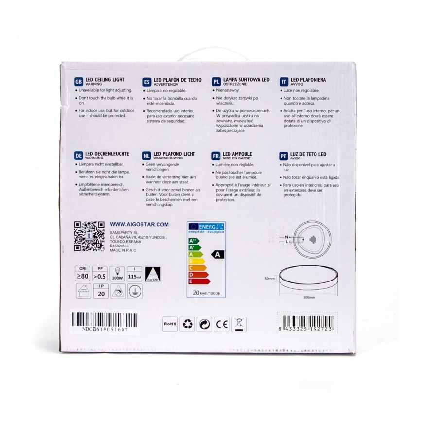 Aigostar - LED Plafon LED/20W/230V 4000K śr. 30 cm biały