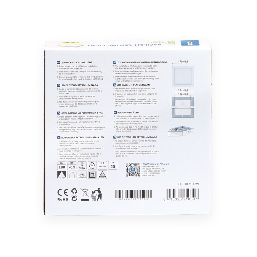 Aigostar - LED Plafon natynkowy LED/12W/230V 17,3x17,3 cm 3000K biały