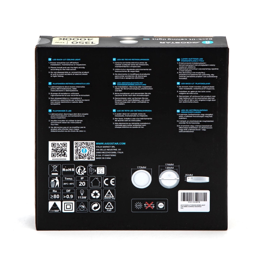 Aigostar - LED Plafon natynkowy LED/12W/230V śr. 17,4 cm 4000K biały