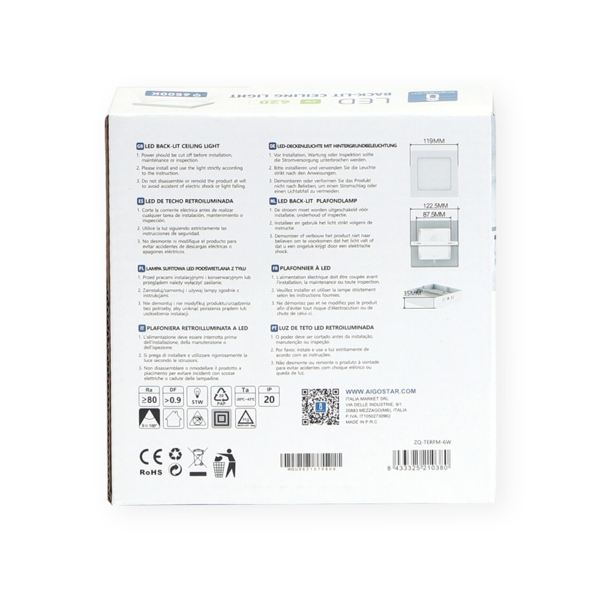 Aigostar - LED Plafon natynkowy LED/6W/230V 12,2x12,2 cm 6500K biały