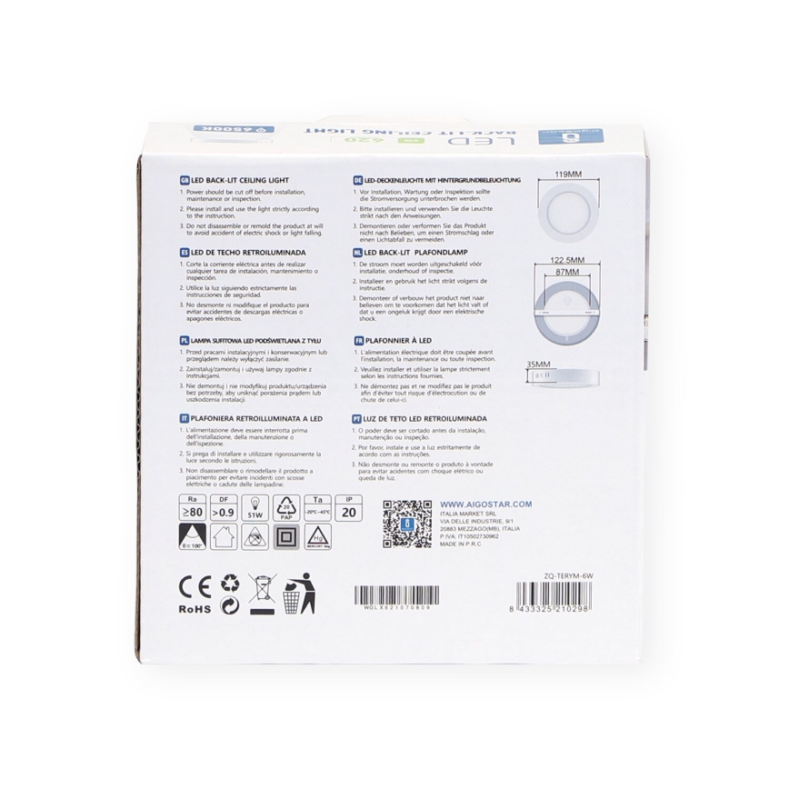 Aigostar - LED Plafon natynkowy LED/6W/230V śr. 12,3 cm 3000K biały