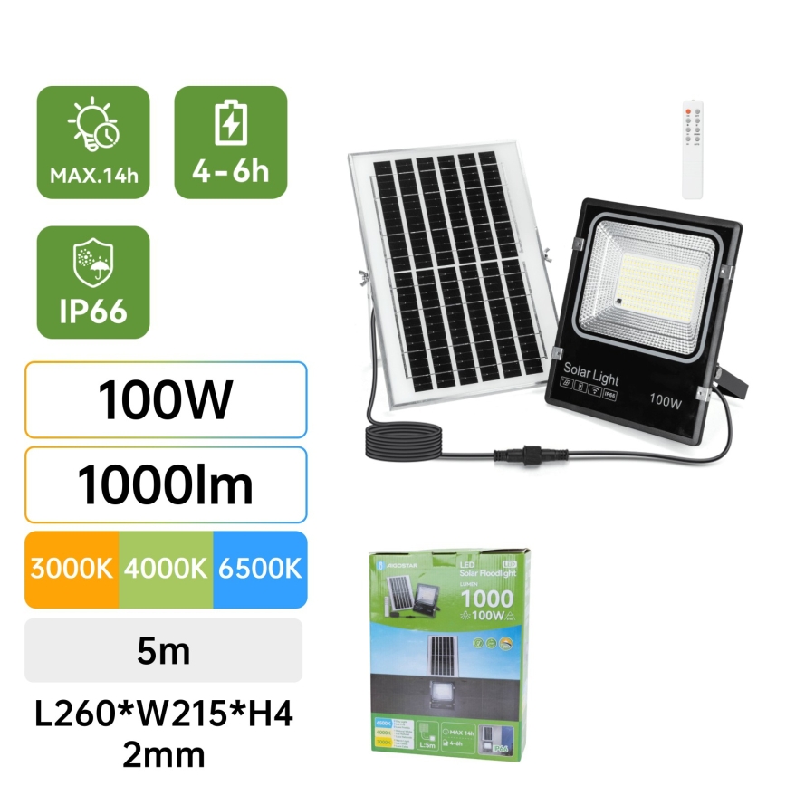 Aigostar - LED reflektor solarny LED/100W/3,2V 2000mAh 3000K/4000K/6500K IP66 + zdalne sterowanie