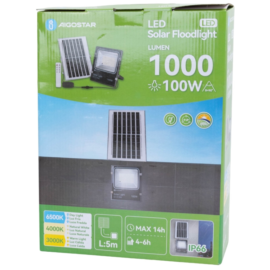 Aigostar - LED reflektor solarny LED/100W/3,2V 2000mAh 3000K/4000K/6500K IP66 + zdalne sterowanie