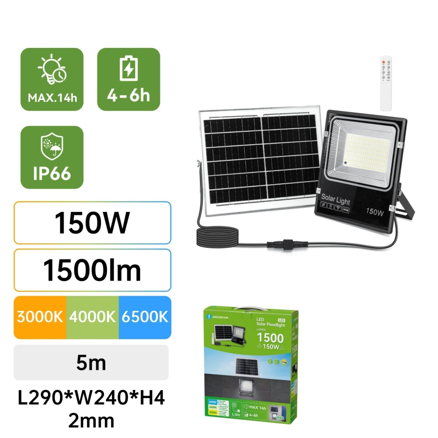 Aigostar - Reflektor solarny LED/150W/3,2V 3000mAh 3000K/4000K/6500K IP66 + pilot zdalnego sterowania