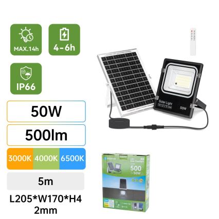 Aigostar - LED solarny reflektor LED/50W/3,2V 1200mAh 3000K/4000K/6500K IP66 + pilot zdalnego sterowania