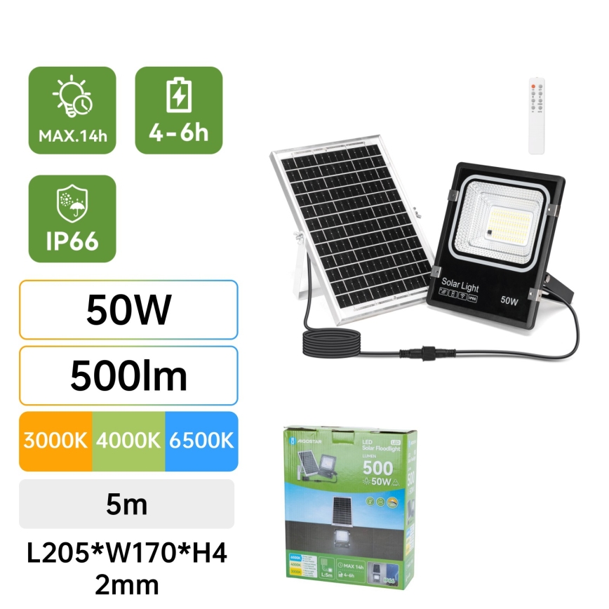 Aigostar - LED solarny reflektor LED/50W/3,2V 1200mAh 3000K/4000K/6500K IP66 + pilot zdalnego sterowania