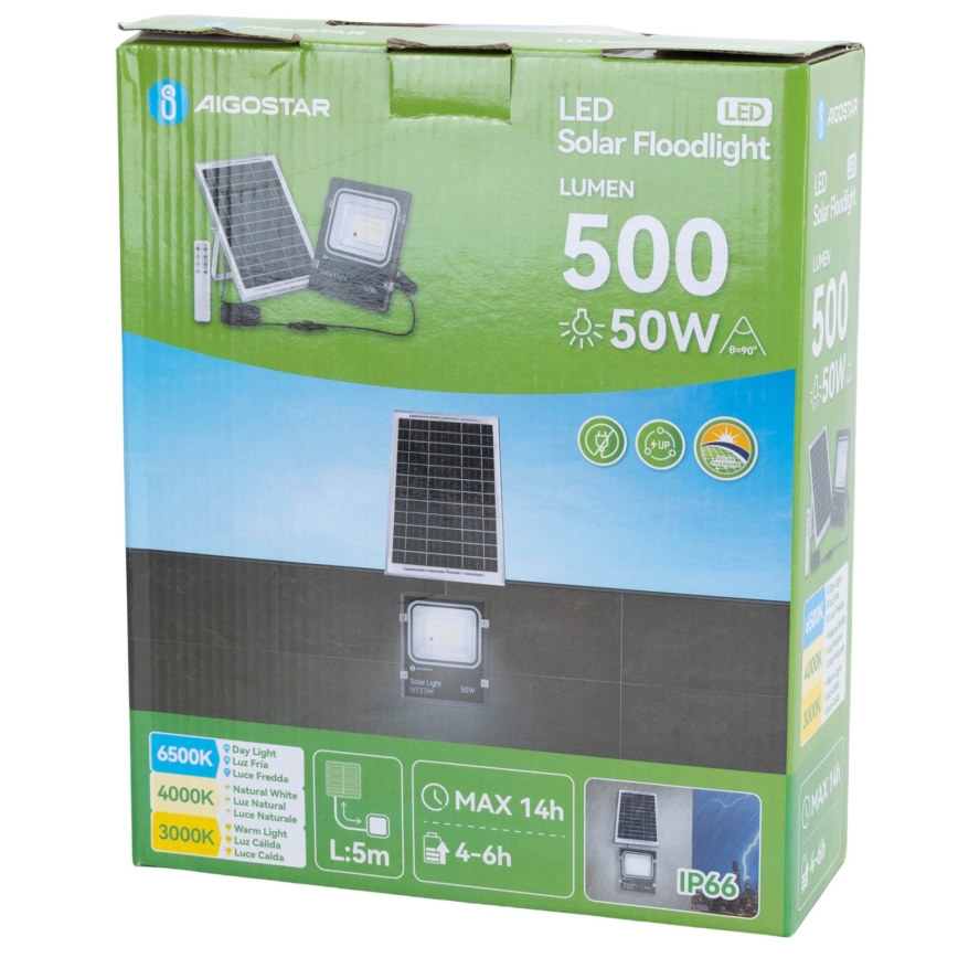 Aigostar - LED solarny reflektor LED/50W/3,2V 1200mAh 3000K/4000K/6500K IP66 + pilot zdalnego sterowania