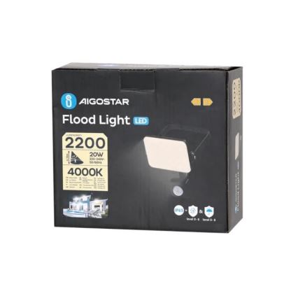 Aigostar - LED Reflektor z czujnikiem LED/20W/230V 4000K IP65 czarny