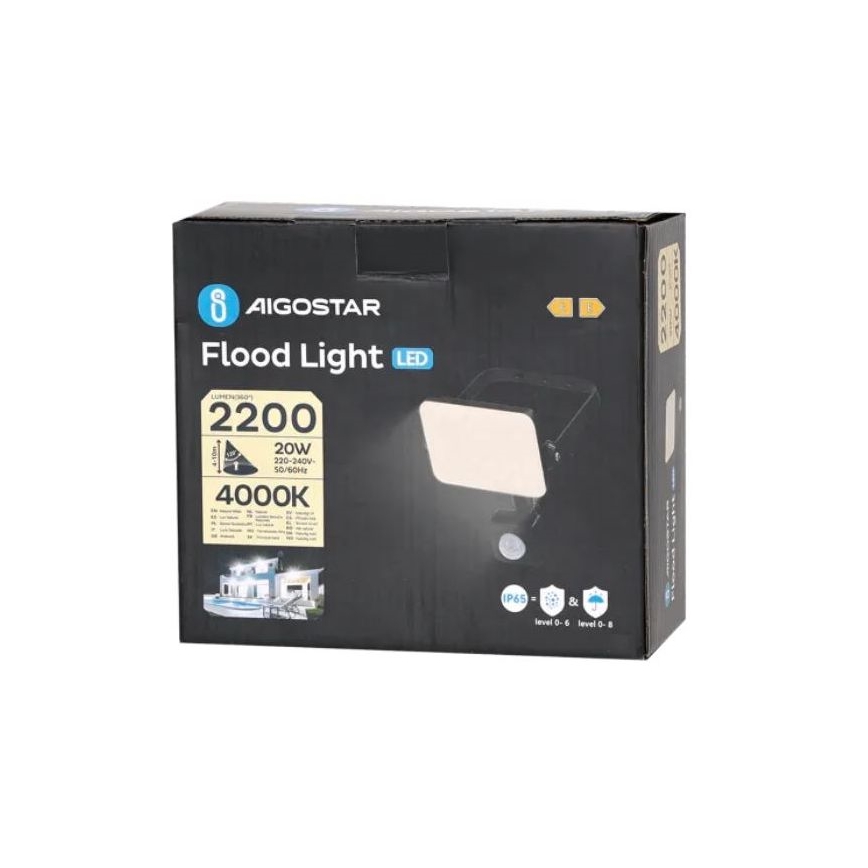 Aigostar - LED Reflektor z czujnikiem LED/20W/230V 4000K IP65 czarny