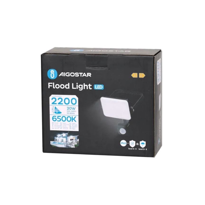 Aigostar - LED Reflektor z czujnikiem LED/20W/230V 6500K IP65 czarny