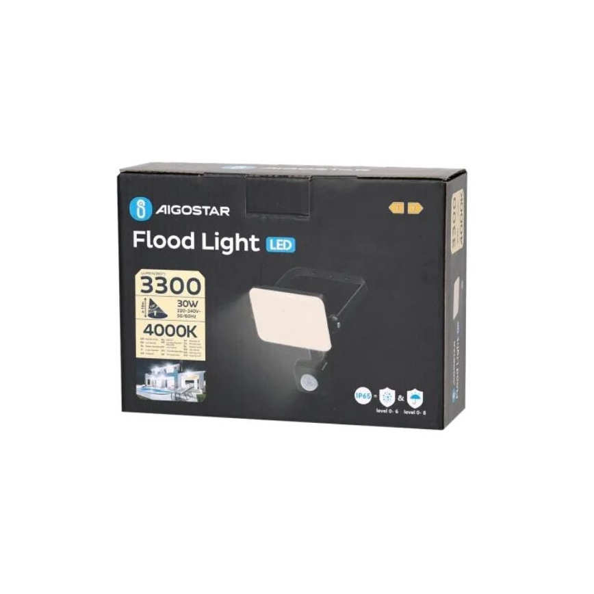 Aigostar - LED Reflektor z czujnikiem LED/30W/230V 4000K IP65 czarny